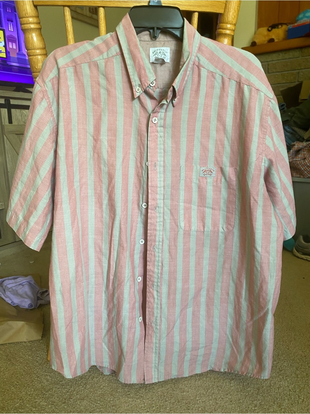 Vintage 90s Brittania Pink and Tan Striped Short Sleeve Button Up Shirt